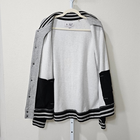 PENGUIN Men's Varsity Gray & Black Rib Knit Button Closure Bomber Jacket Sz XL - Picture 3 of 14